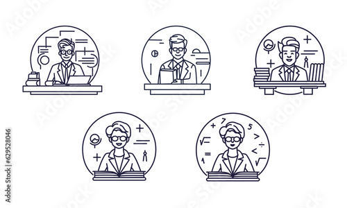 Set of 5 icons with people. Professions. Teachers, business man, developer. Set of avatars.