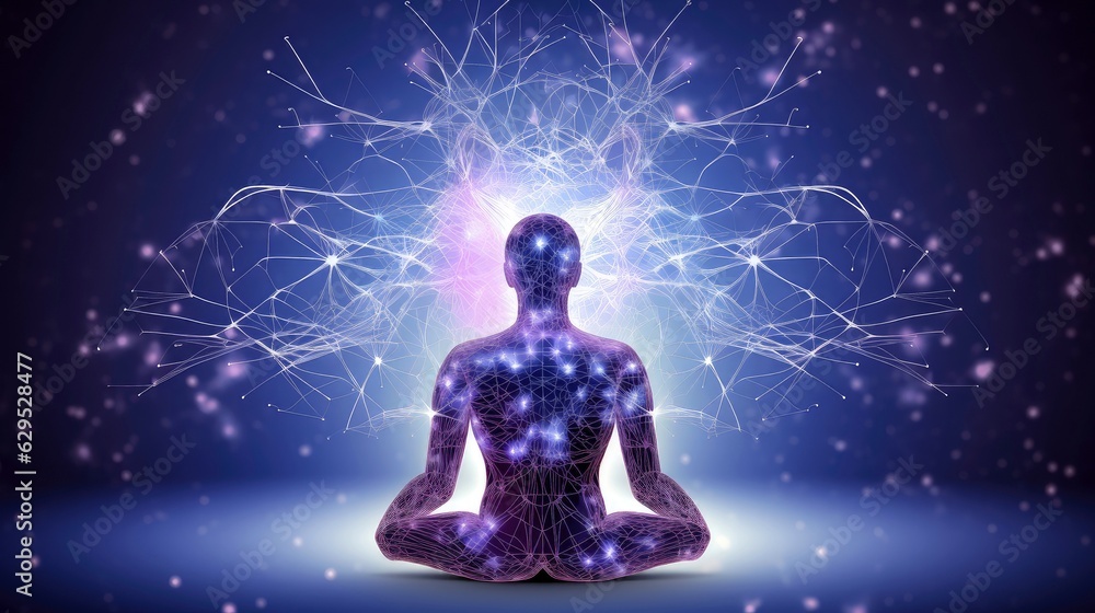 Human meditate, yoga. Psychic human considers mind and heart. Spirituality, esotericism, with bokeh defocused lights. universe, Psychic waves concept, Generative AI illustration Human meditate, yoga. Psychic human considers mind and heart. Spirituality, esotericism, with bokeh defocused lights. universe, Psychic waves concept, Generative AI illustration