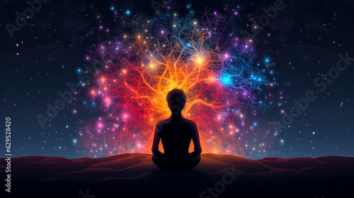 Human meditate, yoga. Psychic human considers mind and heart. Spirituality, esotericism, with bokeh defocused lights. universe, Psychic waves concept, Generative AI illustration