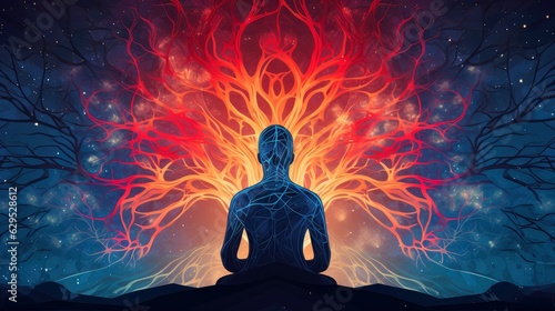 Obraz na płótnie Human meditate, yoga. Psychic human considers mind and heart. Spirituality, esotericism, with bokeh defocused lights. universe, Psychic waves concept, Generative AI illustration w salonie