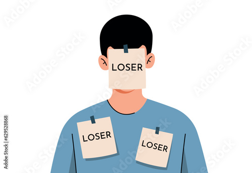A person with badges is a loser subjected to people's insults. A victim of bullying. Ridicule and rejection by society.Concept illustration