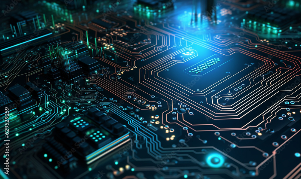 a detailed circuit board, with its intricate pathways and components, to serve as a tech-inspired background
