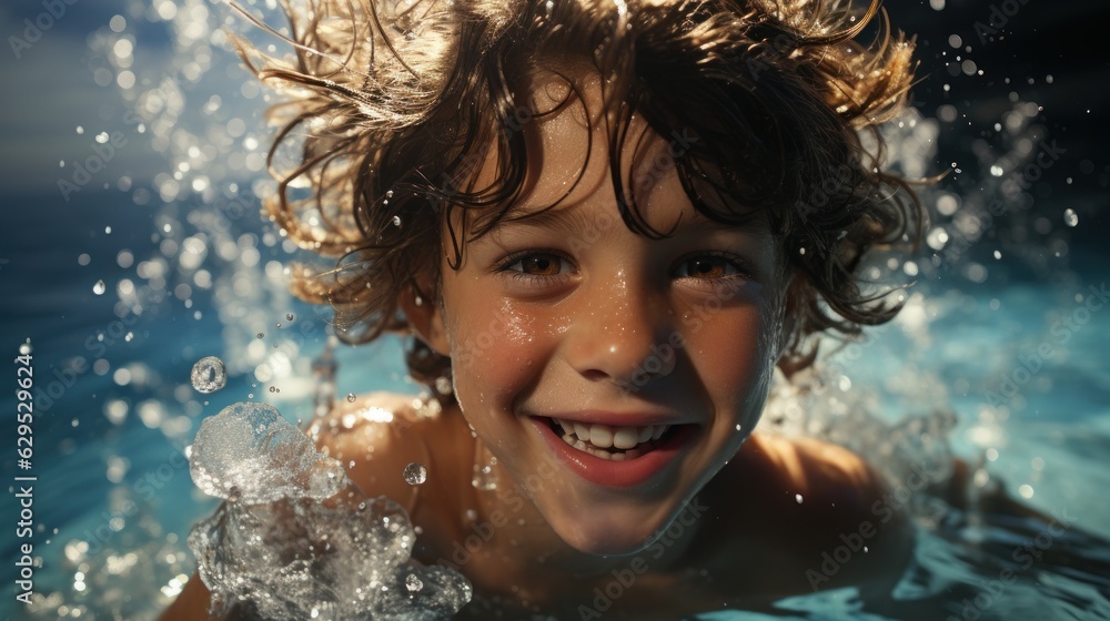 Portrait of a joyful boy swimming in water. Concept of happiness and excitement. Generative AI Portrait of a joyful boy swimming in water. Concept of happiness and excitement. Generative AI