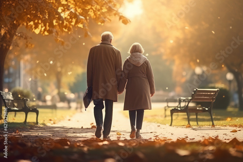 An elderly couple in love walks in the park. AI generative.