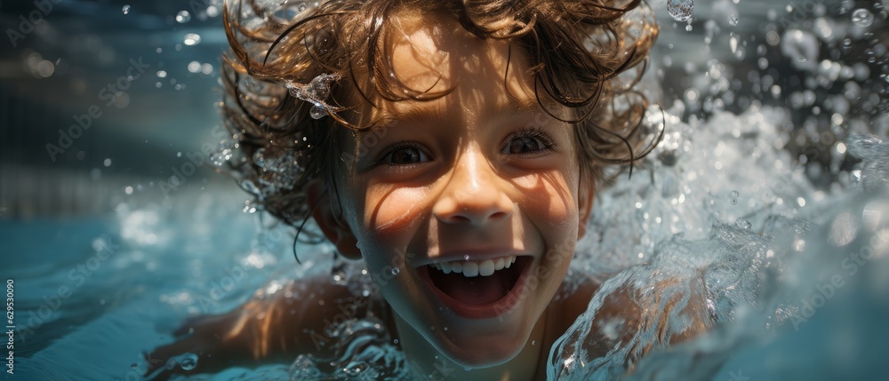 Portrait of a joyful boy swimming in water. Concept of happiness and excitement. Generative AI Portrait of a joyful boy swimming in water. Concept of happiness and excitement. Generative AI