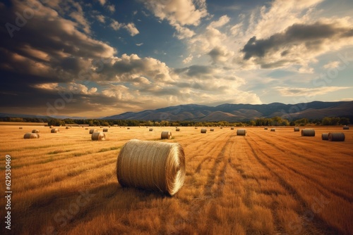 agricultural field with hay bales on a beautiful warm and bright summer day, blue sky with some clouds