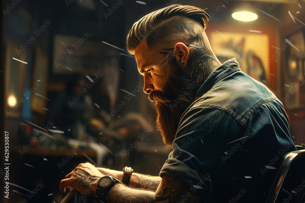 from behind an artistic bokeh-inspired painting of a barbershop stylist meticulously trimming a beard, showcasing the precise detailing and artistry of their work. Generative AI from behind an artistic bokeh-inspired painting of a barbershop stylist meticulously trimming a beard, showcasing the precise detailing and artistry of their work. Generative AI