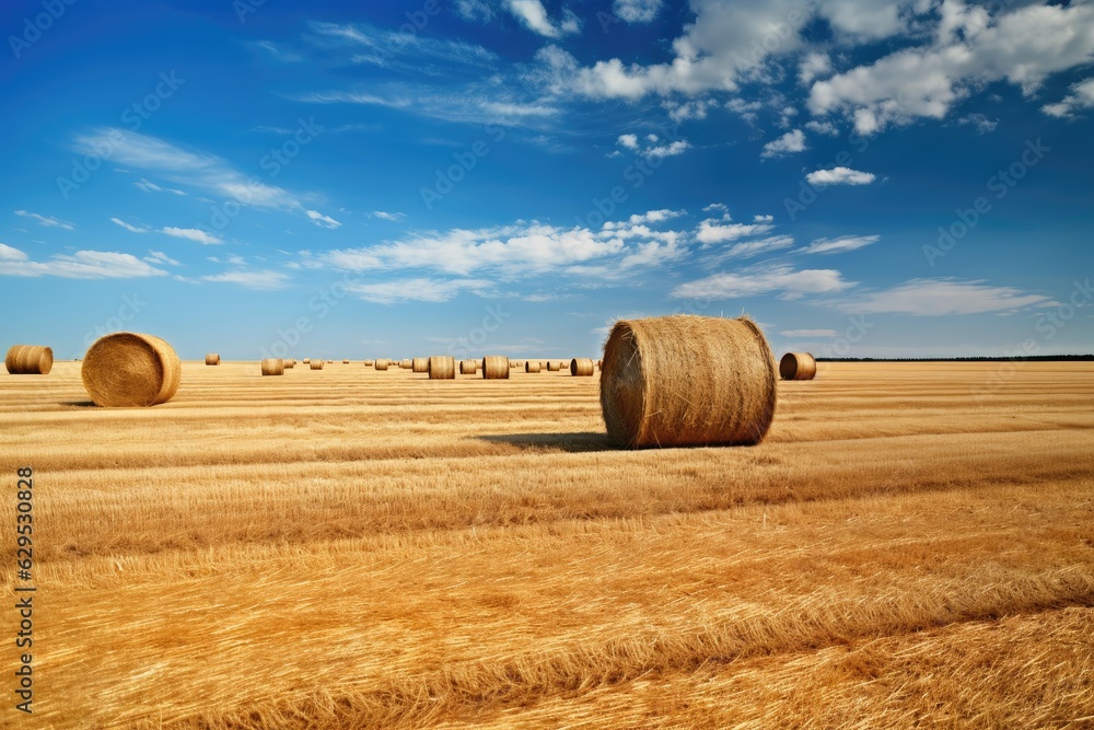 agricultural field with hay bales on a beautiful warm and bright summer day, blue sky with some clouds,