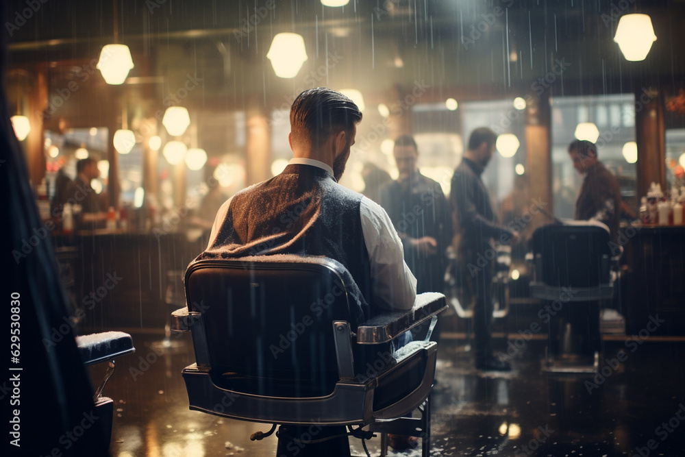 from behind a captivating time-lapse video of a bustling barbershop, with the stylist attending to clients, accompanied by the soft glow of bokeh lights adding to the atmosphere. Generative AI from behind a captivating time-lapse video of a bustling barbershop, with the stylist attending to clients, accompanied by the soft glow of bokeh lights adding to the atmosphere. Generative AI