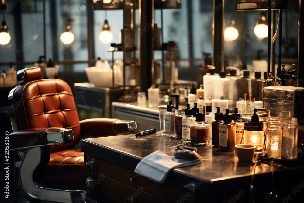 Fototapeta premium from behind a visually stunning display of barber products and grooming essentials, beautifully arranged under the soft glow of bokeh lights at the stylist's station. Generative AI