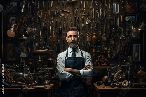from behind a stunning portrait of a barbershop stylist, confidently holding a pair of scissors amidst a backdrop of vintage barbershop tools, exuding timeless craftsmanship. Generative AI