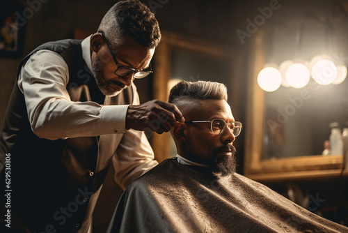 from behind the skilled barbershop stylist in action, expertly crafting a modern fade haircut for a client, with hair clippings gently falling around them in a bokeh-laden ambiance Generative AI