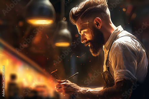 from behind an artistic bokeh-inspired painting of a barbershop stylist meticulously trimming a beard, showcasing the precise detailing and artistry of their work. Generative AI