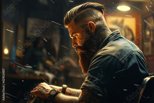 from behind an artistic bokeh-inspired painting of a barbershop stylist meticulously trimming a beard, showcasing the precise detailing and artistry of their work. Generative AI