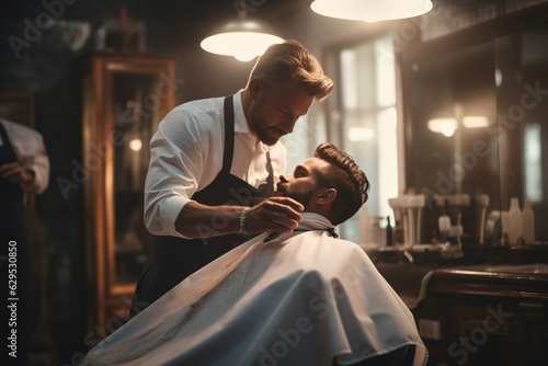 from behind an enchanting bokeh-filled shot of a barbershop stylist pampering a client with a relaxing hot towel treatment, ensuring a luxurious grooming experience. Generative AI