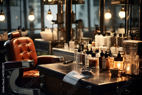 from behind a visually stunning display of barber products and grooming essentials, beautifully arranged under the soft glow of bokeh lights at the stylist's station. Generative AI