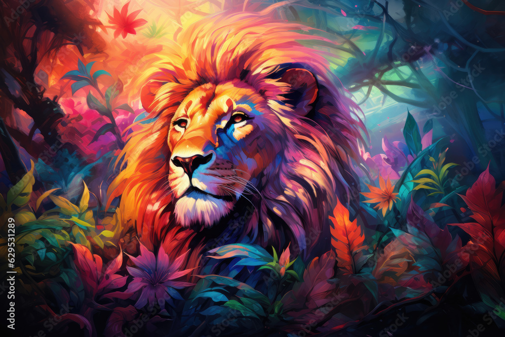 AI-Crafted Lion Fantasy: AI technology brings fantasy to reality, showcasing a magnificent lion in a surreal and colorful environment, igniting the viewer's imagination.