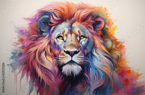 AI-Enhanced Tropical Lion Delight  AI brings tropical delight with a lion amidst a richly colored background  creating a visually captivating and exotic representation.