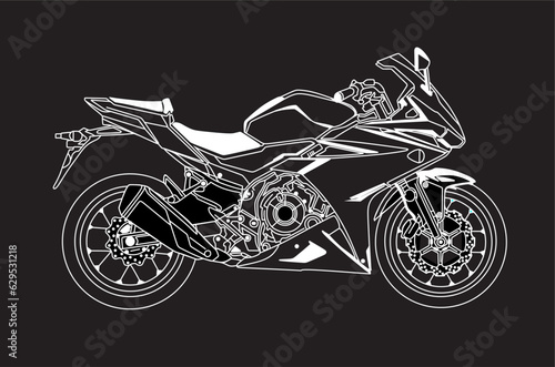 Line Art Vector of Super Bike in White Color and Black Background.