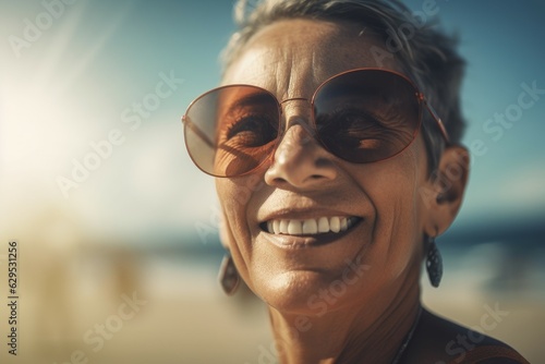 Happy mature woman beach. Generate Ai