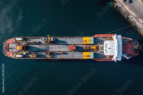 Industrial port and large cargo ship at port in ocean. Shipping and transportation. Export and import trade. Logistics and delivery