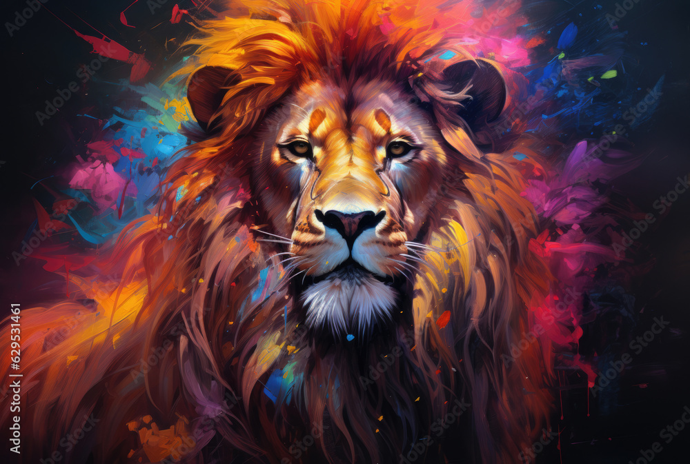 Fototapeta Lion in Colorful Jungle: AI technology brings this powerful image to life, showcasing a magnificent lion amidst a jungle backdrop filled with brilliant hues.