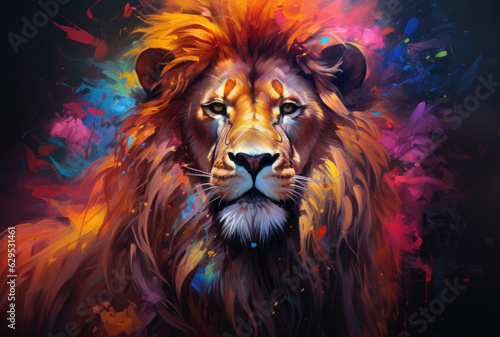 Lion in Colorful Jungle: AI technology brings this powerful image to life, showcasing a magnificent lion amidst a jungle backdrop filled with brilliant hues.