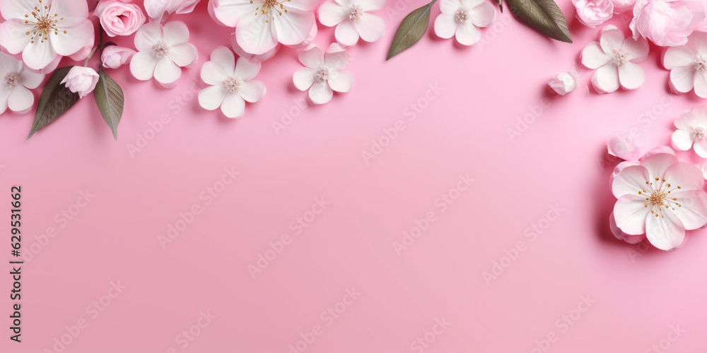 Cherry blossom. Creative banner with sakura spring flowers. Flat lay, top view. generative AI. Pink background
