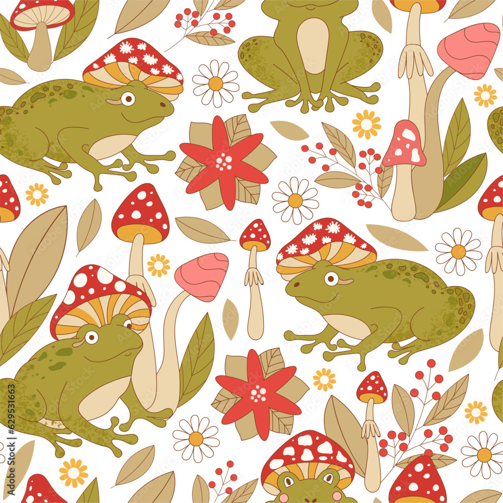 Retro 70s hippie vibrant summer seamless pattern with groovy frog, mushrooms, flowers and leaves. Forest garden vector surface design for invitation, wrapping paper, packaging etc. Retro 70s hippie vibrant summer seamless pattern with groovy frog, mushrooms, flowers and leaves. Forest garden vector surface design for invitation, wrapping paper, packaging etc.