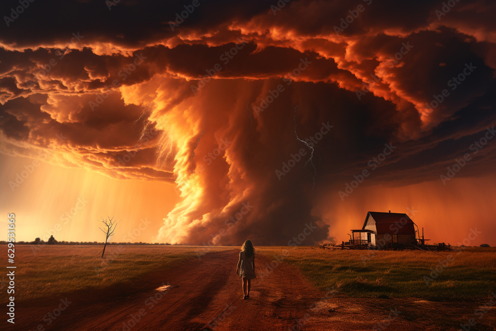 Lonely woman stands in front of dangerous fiery tornado countryside. Destructive hurricane with stormy clouds and lightnings. Ai generated