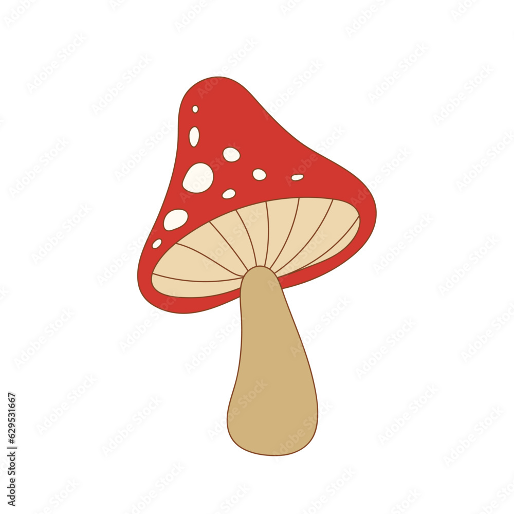 Retro 70s groovy mushroom. Red amanita mushroom. Naive groovy isolated vector illustration. Retro 70s groovy mushroom. Red amanita mushroom. Naive groovy isolated vector illustration.