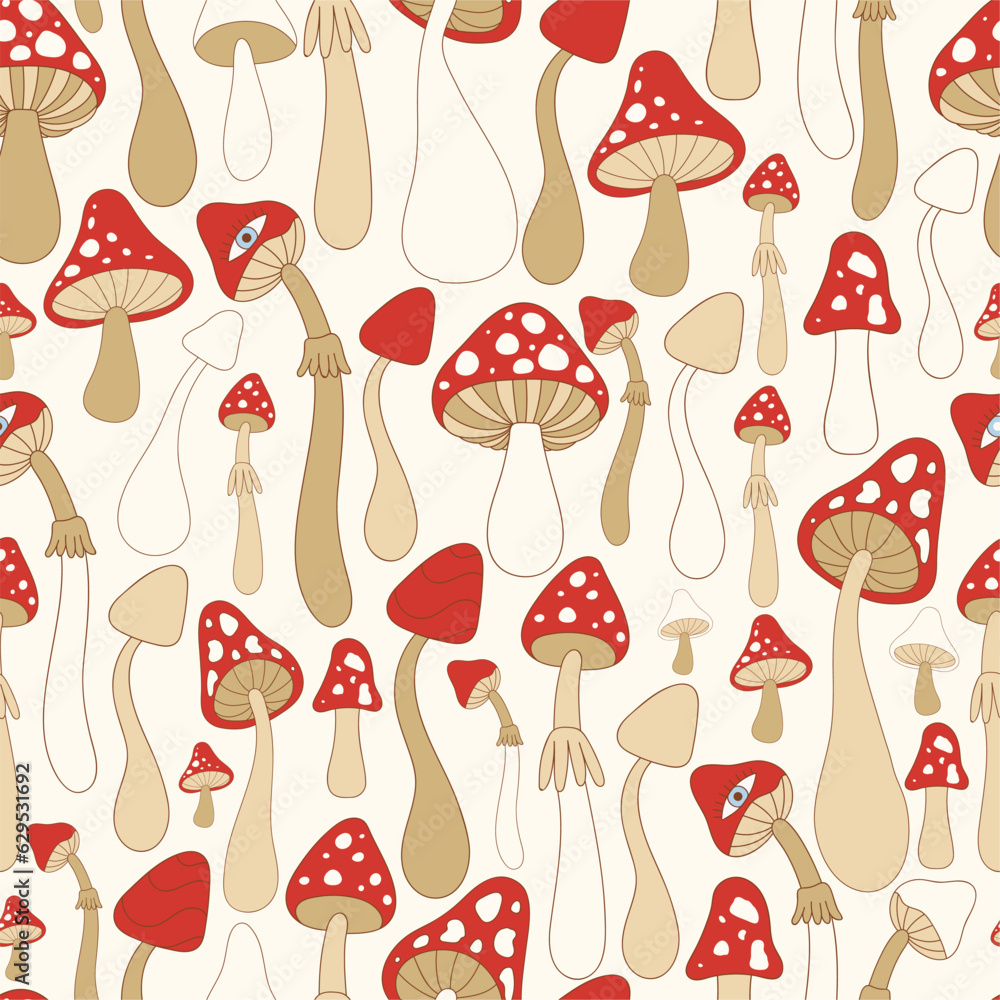 Retro 70s hippie vibrant summer seamless pattern with groovy mushrooms. Forest garden print for fabric, packaging, scrapbooking and wrapping paper. Vector illustration. Retro 70s hippie vibrant summer seamless pattern with groovy mushrooms. Forest garden print for fabric, packaging, scrapbooking and wrapping paper. Vector illustration.