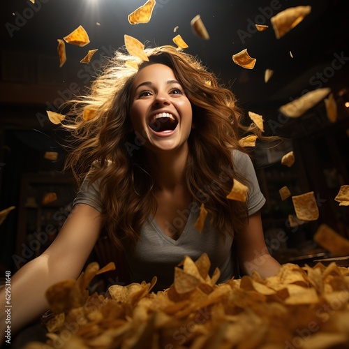 Happy woman with potato chi...