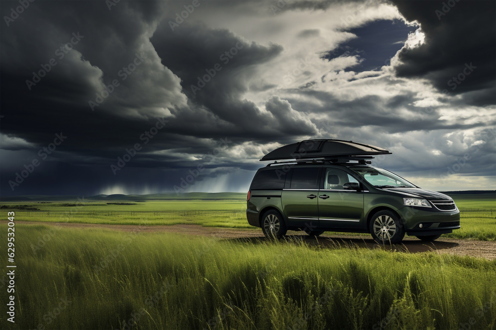Fototapeta premium Traveler car in thunderstorm countryside. Ai generated