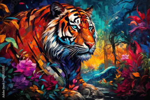 Surreal Rainbow Tiger  AI-generated stock image of a tiger with surreal and rainbow-like fur patterns. Use it for imaginative and artistic projects  LGBTQ  themed campaigns  and eye-catching posters.