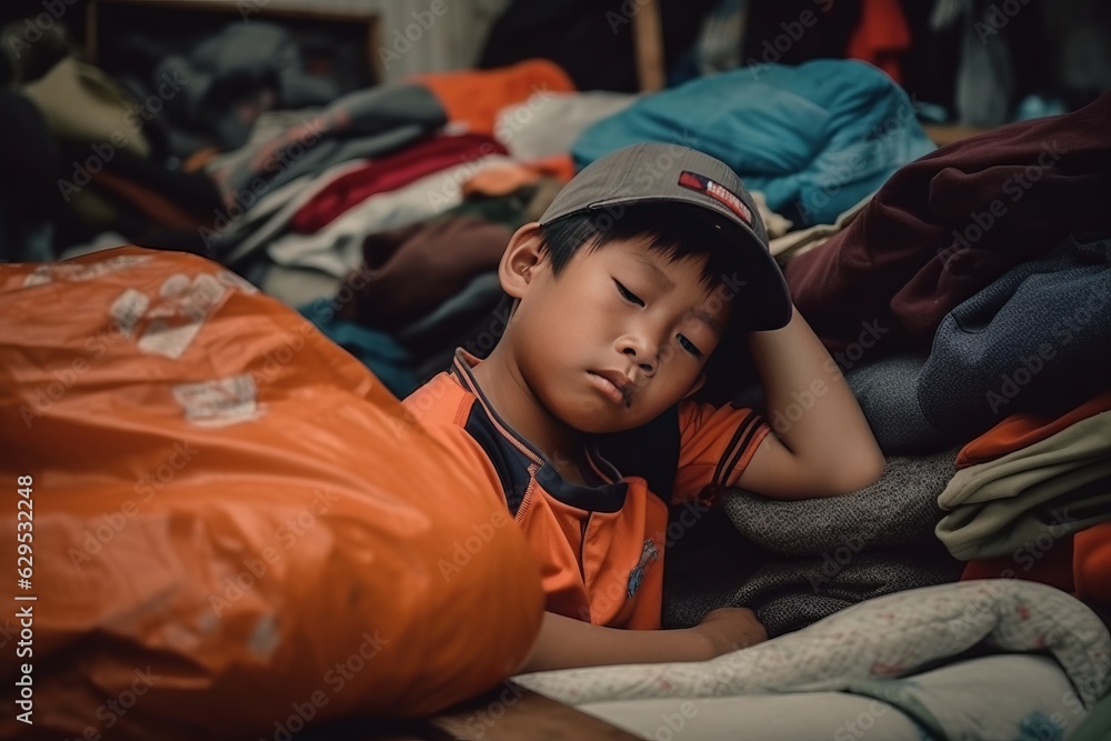 Exhausted and tired mexican boy sleeping in an immigration center surrounded by bags and used clothes. Concept of migrant and refugee children. - obrazy, fototapety, plakaty 