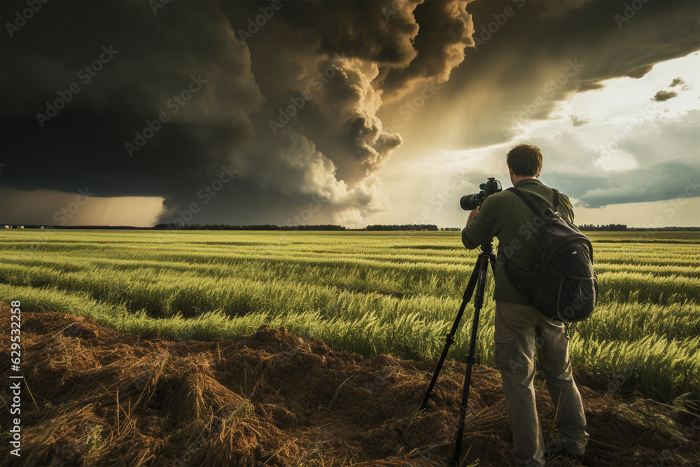 Tornado hunter chasing dangerous hurricane with a camera countryside