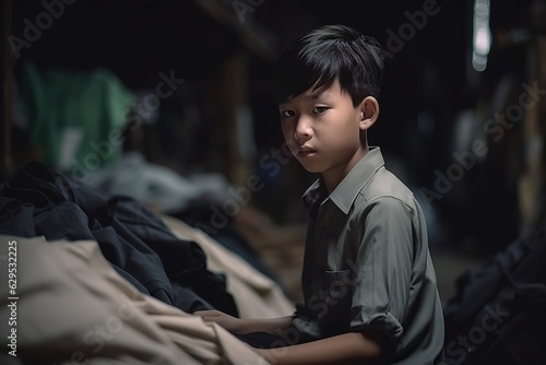 Exhausted and tired asian kid working in a dark clothing factory and looking at camera with copy space left. Concept of child labor or child exploitation.