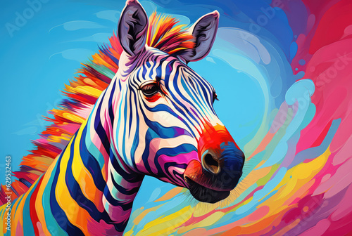Zebra with Multicolored Stripes  This stock photo showcases a zebra sporting an array of multicolored stripes  created using AI image blend of colors adds an element of intrigue.