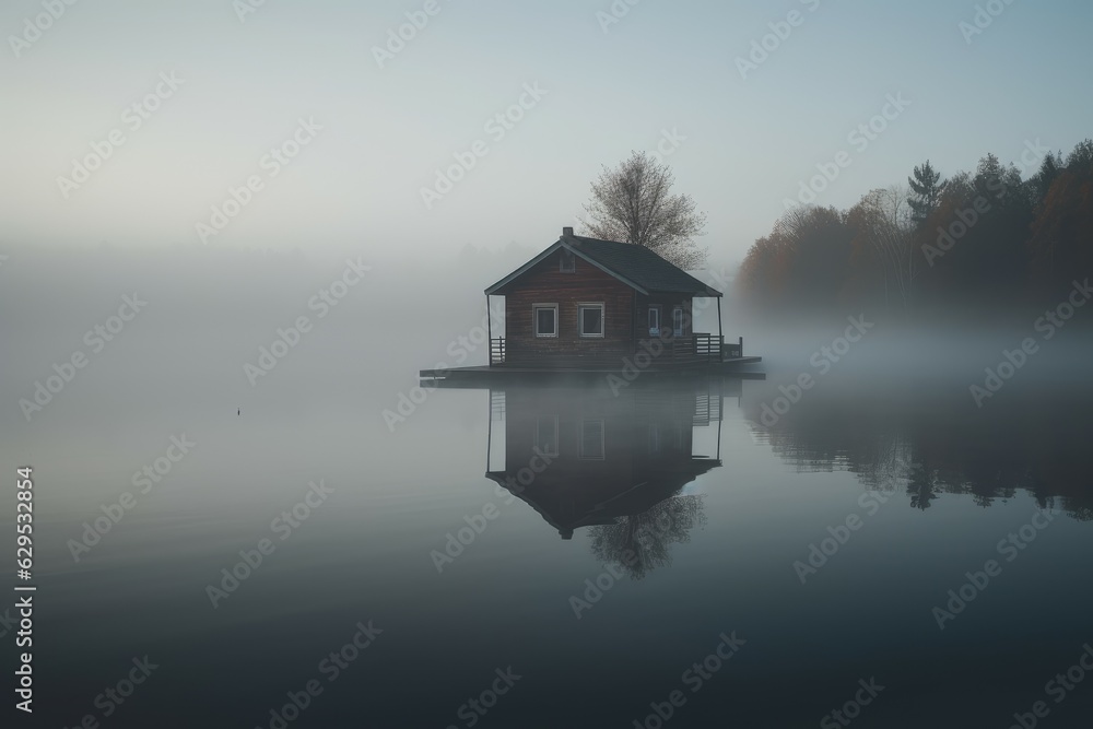 House island foggy lake. Generate Ai