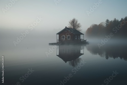 House island foggy lake. Generate Ai