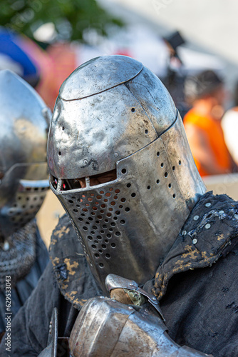 Historical restoration of knightly fights. Summer time medieval festival .Festival of medieval culture in the old fortress with knightly battles.