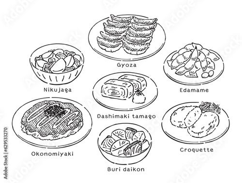 日本のおかず、惣菜の定番ペン画