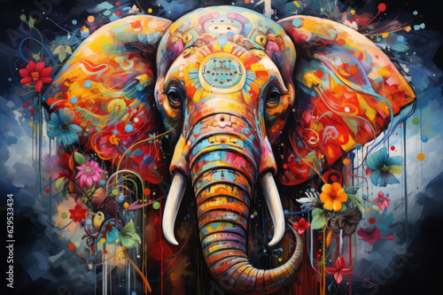 Color Explosion: AI artwork showcases a majestic elephant in a burst of captivating colors on a black canvas.
