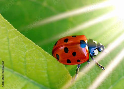 abstract close up or macro photo of a lady bug on green natural background, ecology and environment concept created with generative ai technology