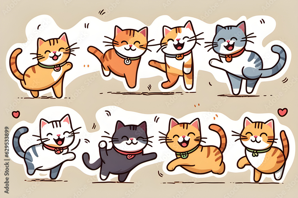 Fototapeta premium Very, very cute cats playing happy. GenerativeAI