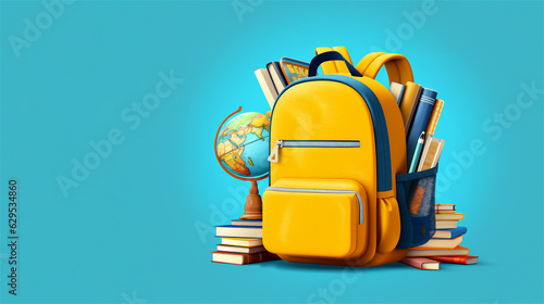 back to school background illustration with a yellow backpack and school stuff, ai generated