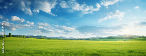 Beautiful panoramic natural landscape of a green field 
