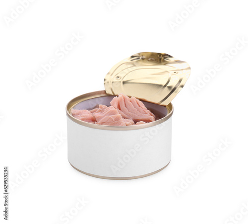 Bilde på lerret Tin can with canned tuna isolated on white