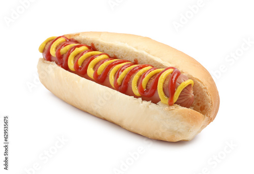 Delicious hot dog with mustard and ketchup on white background